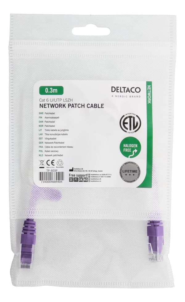 DELTACO UTP Cat6 patchkabel,LSZH 0,3m, lila