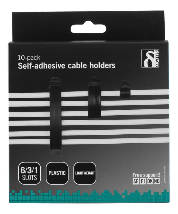 DELTACO adhesive cable clamps in plastic, 1/3/6 slots, 10-pack, black