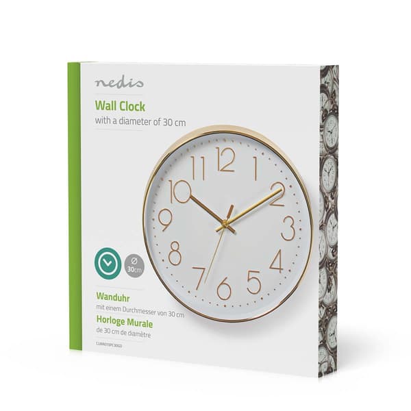Nedis Väggklocka | Diameter: 300 mm | Plast | Guld / Vit