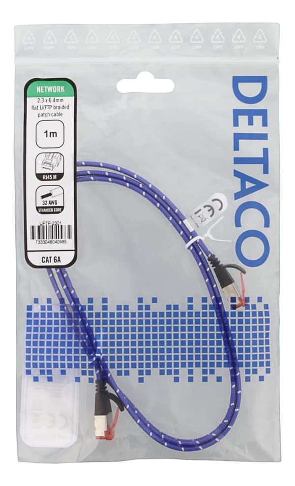 DELTACO laitekaapeli, U/FTP, Cat6a, 1m, monilank., litteä, sininen