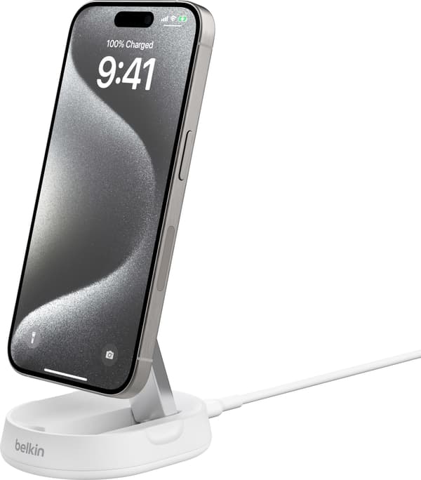 Belkin BoostCharge Pro sammenleggbar Qi2-ladeplate, hvit