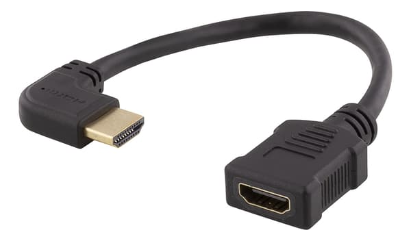 DELTACO HDMI-sovitin, 0,2m, taipuisa, lovitettu vasemmalta, UHD, musta