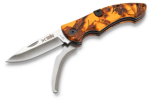 Buköppnarfällkniv dubbelblad Belly Orange Camo, 6/48