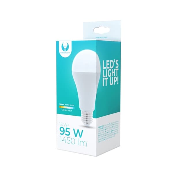 LED-lampe E27, A65, 15W, 230V, 3000K, varmhvit