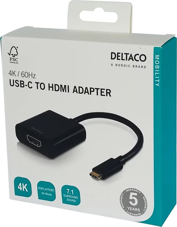 DELTACO, USB 3.1 til HDMI adapter, USB-C han - HDMI hun, sort