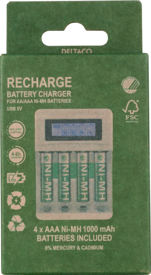 DELTACO Ultimate Ni-Mh USB laddare med 4 x AAA batterier