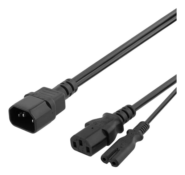 DELTACO Apparatkabel C14 til C13+C7, 20 cm, svart