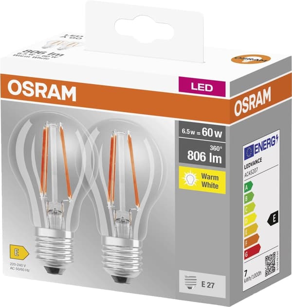 Osram LED BASE standard fil 806lm 6,5W/827 (60W) E27 2-pack