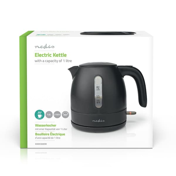 Nedis Elkedel | 1.0 l | Plastik | Sort | Drejelig 360 grader | Skjult varmeelement | Strix®-controller | Beskyttelse mod kogetørring