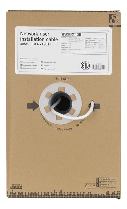 DELTACO U/UTP Cat6 installation riser cable, 305m box, 250MHz, Delta c