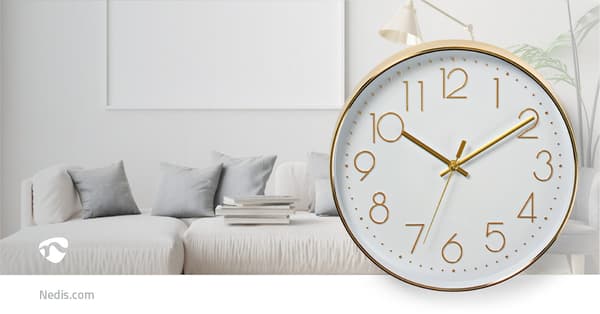 Nedis Väggklocka | Diameter: 300 mm | Plast | Guld / Vit