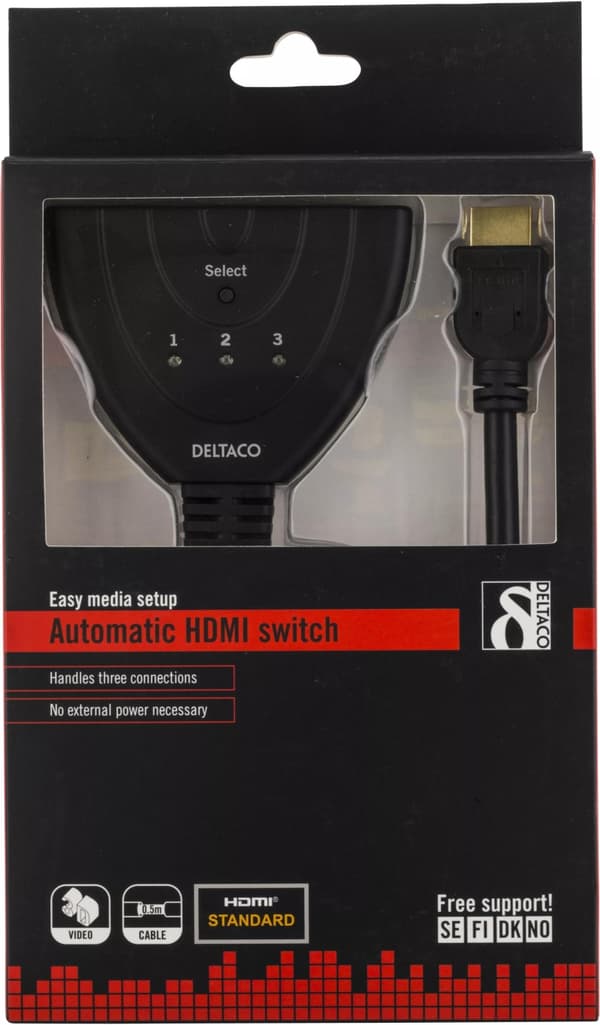 DELTACO HDMI Pigtail Switch, auto/manu HDMI-switch, tre til en, sort