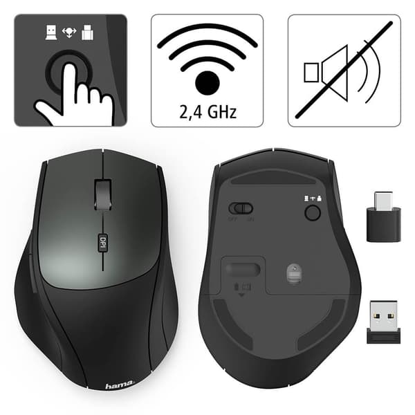 Hama Mus Trådløs Dual Mode USB-C/USB-A 6-knaps Sort