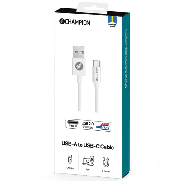 Champion USB-A til USB-C-kabel 3 m hvit