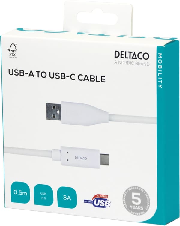 DELTACO USB-C till USB-A kabel, 0,5m, 3A, USB 2.0, vit