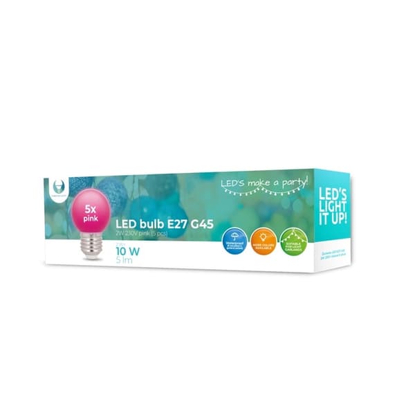 Forever Light LED-pære x 5, E27 G45 2W, rosa