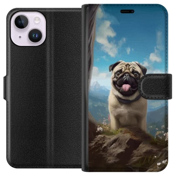 Tegnebogsetui til Apple iPhone 14 med Glad Hund motiv