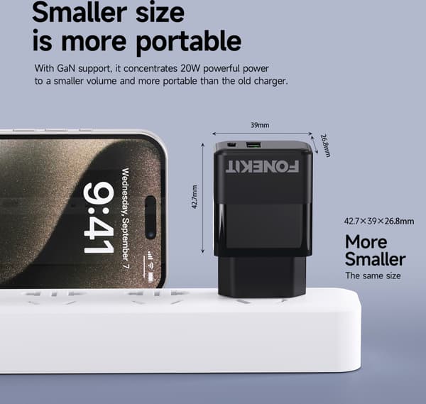FoneKit Double 20W laddare, USB-C + USB-A, svart
