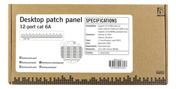 DELTACO Patchpanel, 12xRJ45, Cat6a, väggmonterbar, 10Gbps, svart