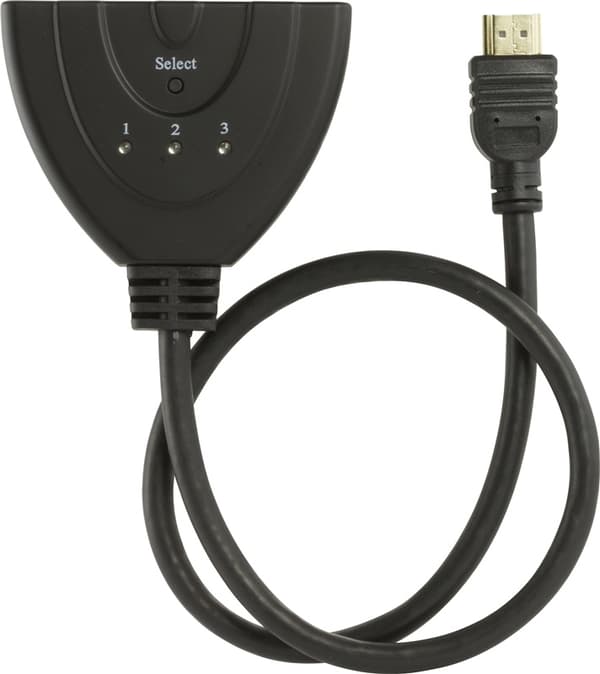 DELTACO HDMI Pigtail Switch, auto/manu HDMI-switch, tre til en, sort