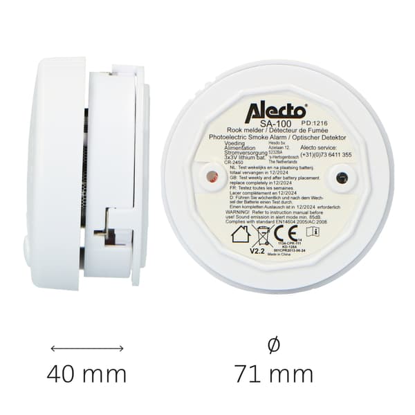 Alecto Minirøykvarsler 5 års batteri 2-pk Hvit