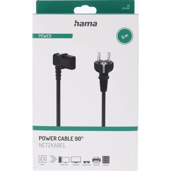Hama Strømkabel vinklet 3-benet, Sort 5.0m