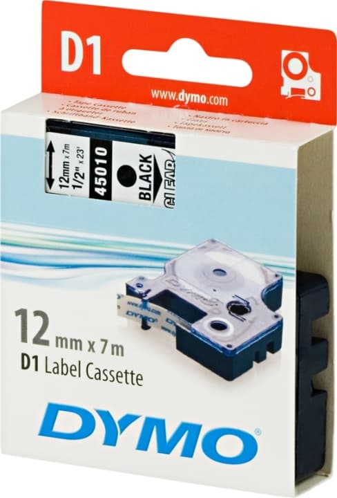 DYMO D1 merkkausteippi, 12mm, läpinäkyvä/musta teksti, 7m - 45010
