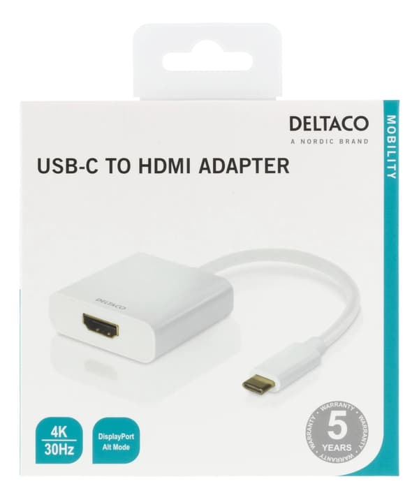 DELTACO USB-C til HDMI-adapter, 4096x2160 30 Hz, hvit