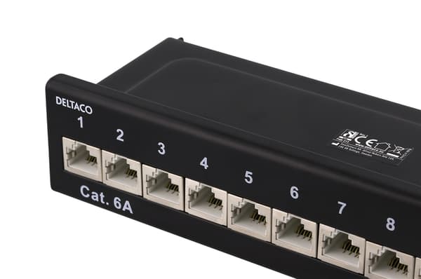 DELTACO Patchpanel, 12xRJ45, Cat6a, väggmonterbar, 10Gbps, svart