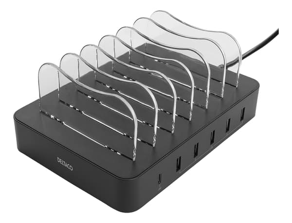 DELTACO USB-latausasema, 5x USB-A, 1x USB-C PD, 50W, musta