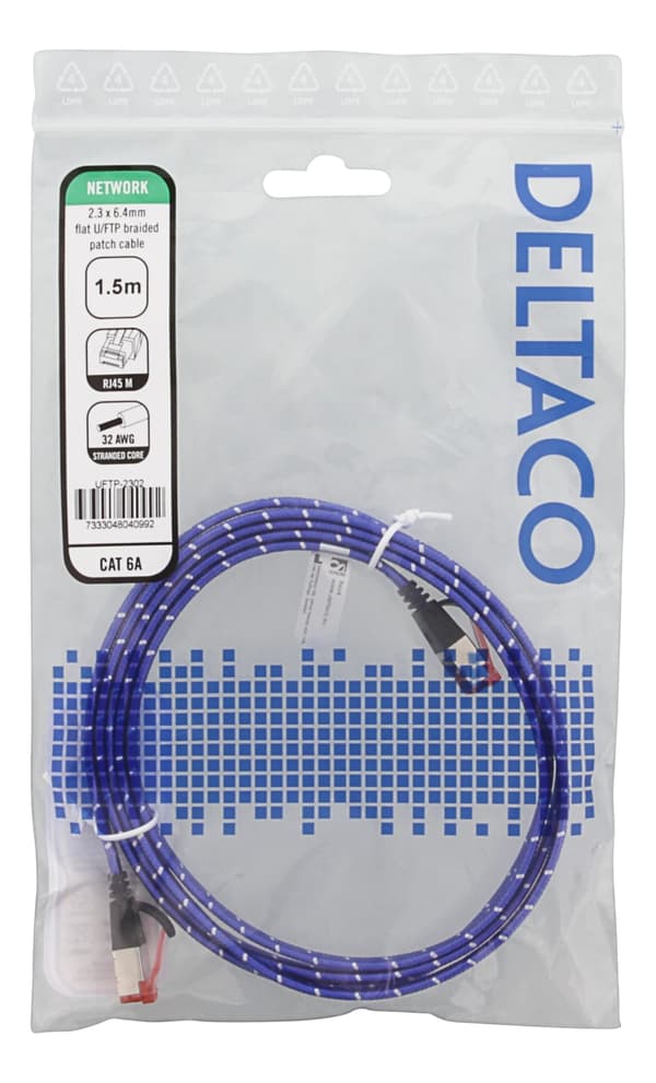 DELTACO laitekaapeli, U/FTP, Cat6a, 1,5m, monilank., litteä, sininen