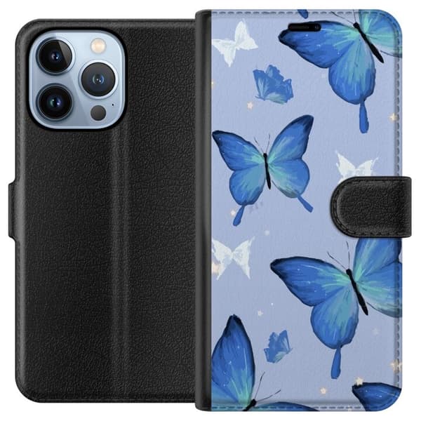 Tegnebogsetui til Apple iPhone 13 Pro med Blå sommerfugle motiv