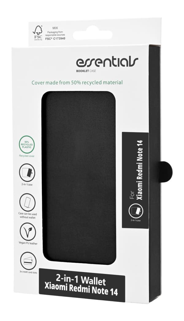 Essentials Xiaomi Redmi Note 14 PU-plånbok, avtagbar, 3 kort, svart