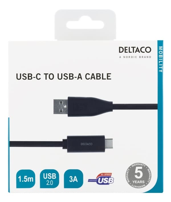DELTACO USB-C til USB-A-kabel, 1,5 m, 3A, USB 2.0, svart