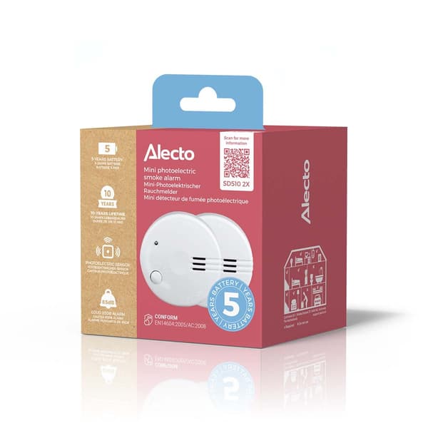Alecto Minirökdetektor med 5 års batteri 2-pack Vit