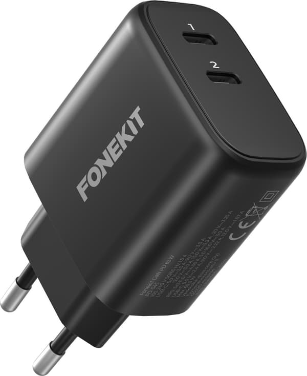FoneKit GaN PD 65W AC-oplader, USB-C + USB-C, sort