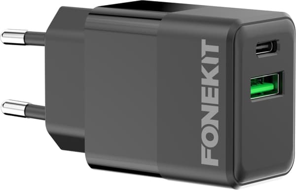FoneKit Dobbel 20W-lader, USB-C + USB-A, svart