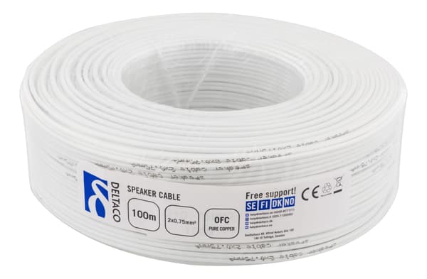 DELTACO Högtalarkabel, 2x0,75mm, vit, rulle om 100m