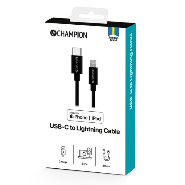 Champion USB-C til Lightning-kabel 30 cm svart