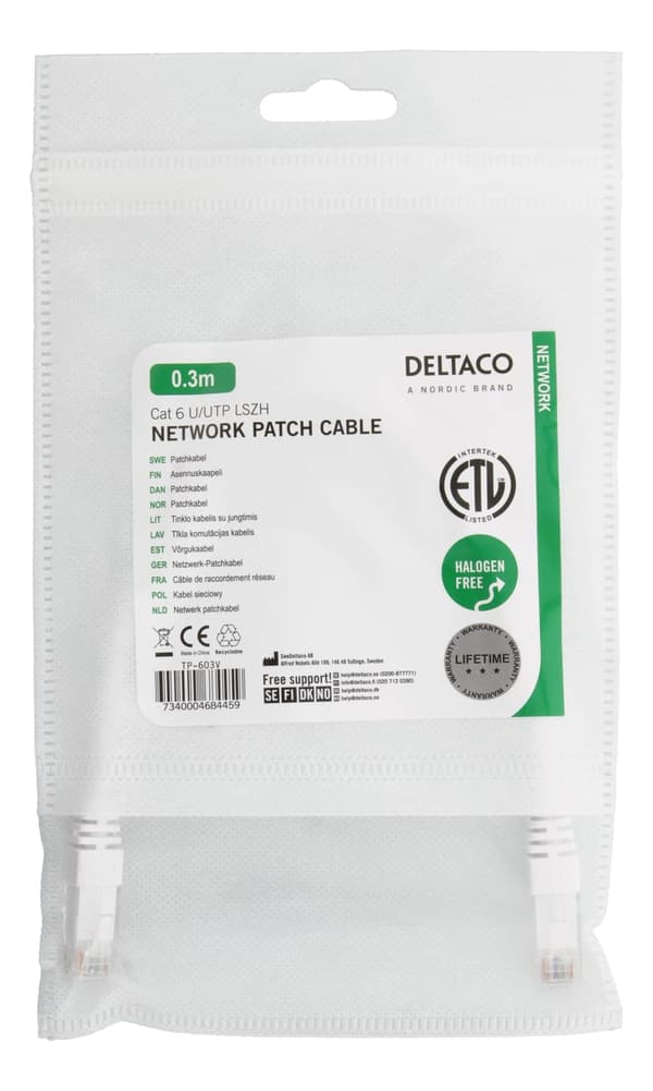 DELTACO UTP Cat6 patchkabel 0,3m, hvit