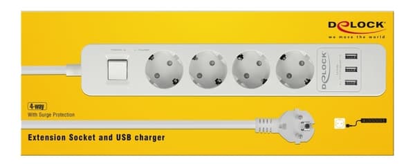 DeLOCK Extension Socket 4way Surge Protection & USB charger white