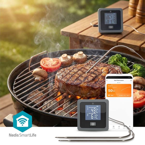 Nedis SmartLife kötttermometer | Buzzer / Push notification | Bluetooth® | Timer | LCD | Antal prober: 2 | 1.20 m | Clips för prober | Nedis® SmartLif