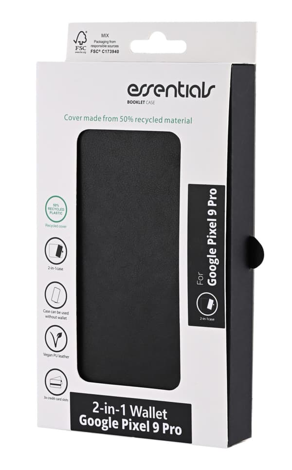 Essentials Google Pixel 9 Pro PU wallet, detachable, 3 cards, black