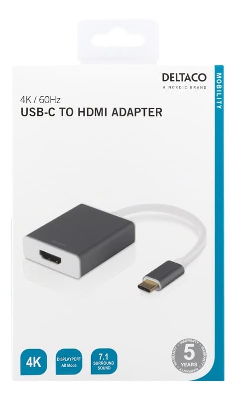 DELTACO USB-C - HDMI, 4096x2160 60Hz, 0,2m, rymdgrå