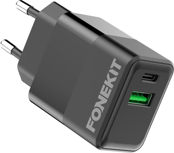 FoneKit Double 20W -laturi, USB-C + USB-A, musta