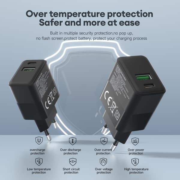 FoneKit Double 20W laddare, USB-C + USB-A, svart