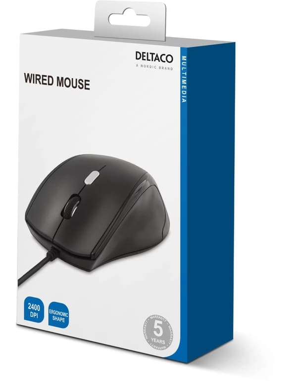 DELTACO optisk mus, 3 knapper med scroll, ergonomisk form, just