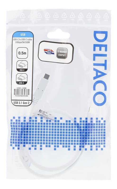 DELTACO USB-C-kaapeli, 0,5m, 10Gbps, 100W, 5A, USB 3.1 Gen 2, valk.