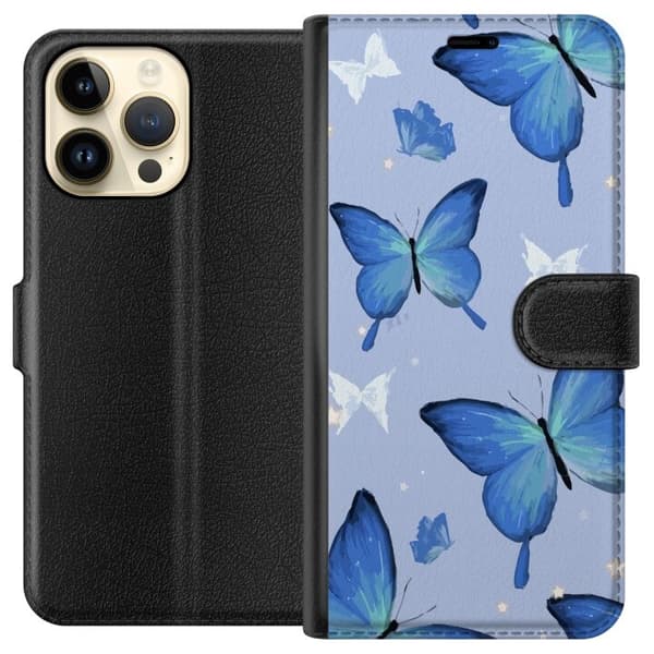 Tegnebogsetui til Apple iPhone 15 Pro Max med Blå sommerfugle motiv