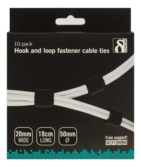 DELTACO kardborrband, bredd 20mm, 18cm, 10-pack, svart